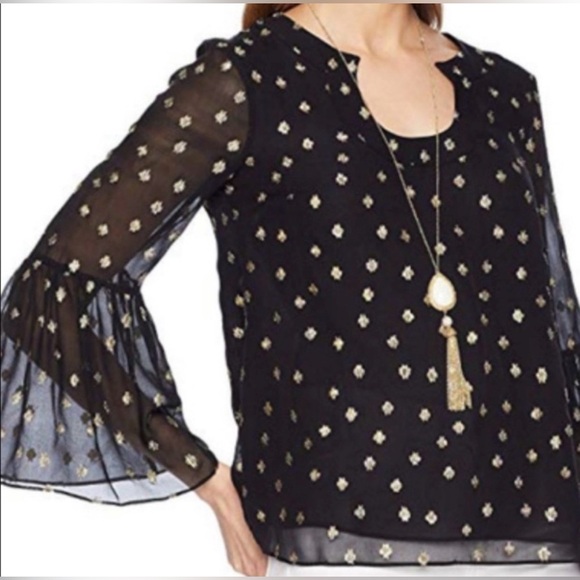 Lilly Pulitzer Amory Top Silk Onyx Black and Gold Bell Sleeves Large - Picture 3 of 8
